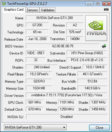 XFX GeForce GTX 280 1 Gb GPUz